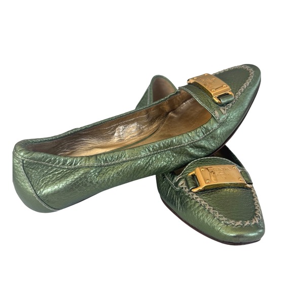 Prada Metallic Olive Leather Plaque Loafers EU 36 Vintage Y2K Made Italy - Picture 3 of 15